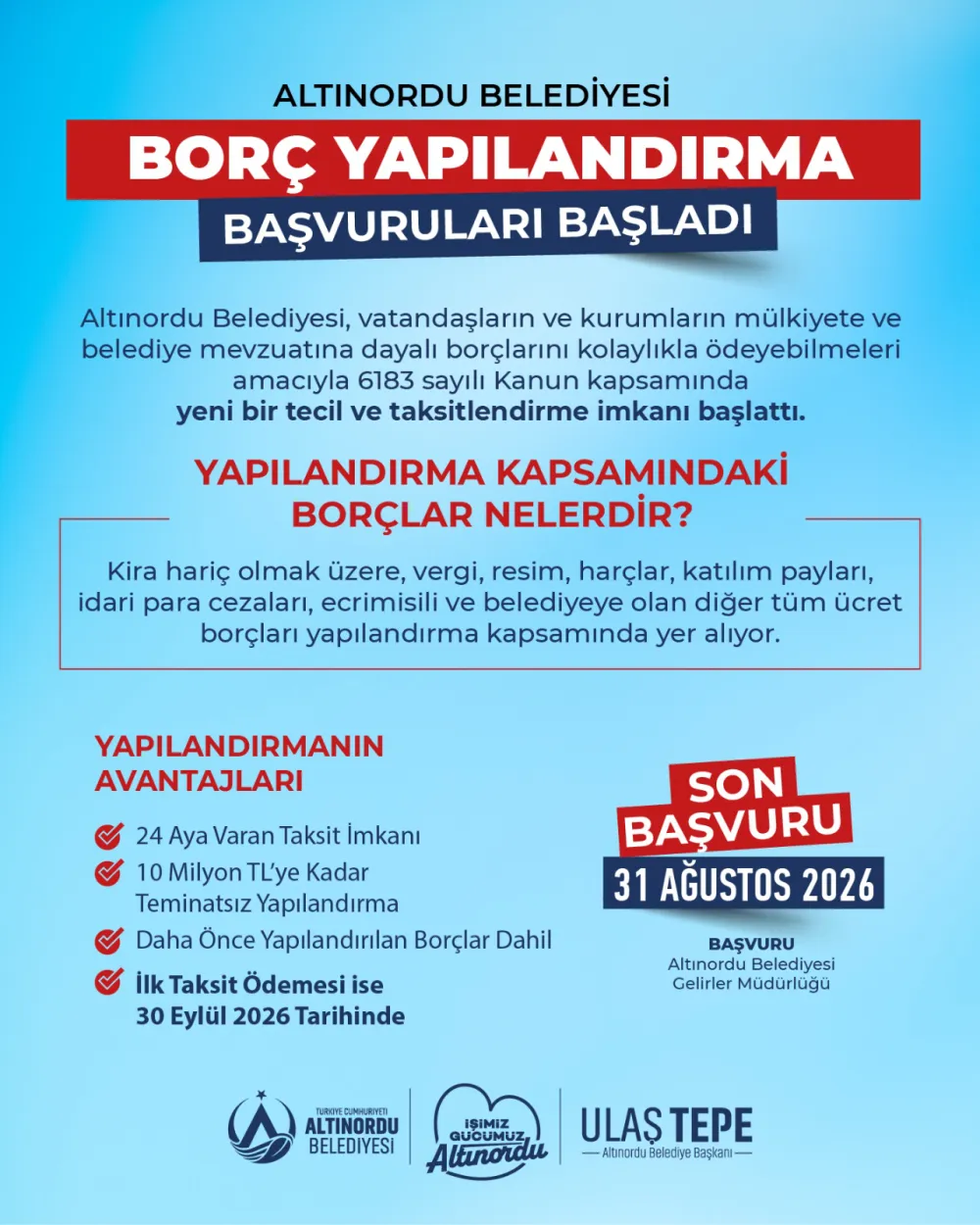 ALTINORDU BELEDİYESİ’NDEN BORÇLARA YAPILANDIRMA FIRSATI